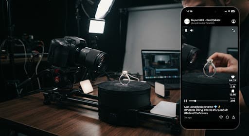 Profesyonel bir kuyumculuk Reels video çekiminin kamera arkası; dönen bir vitrinde pırlanta yüzüğün ışıltısını yakalayan makro lens, sinematik stüdyo aydınlatması.