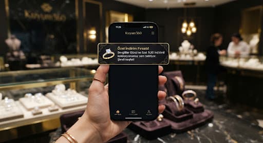 Lüks bir kuyumculuk markası için altın temalı bildirim afişini gösteren premium bir akıllı telefon ekranının yakın çekimi.